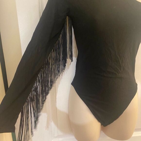 Black One-Shoulder Fringe Bodysuit Sz XS/Small - Picture 4 of 7
